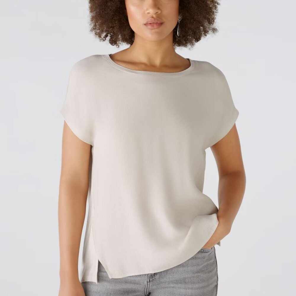 NWT OUI Sz 4 AYANO Blouse Shirt Viscose Ribbed Trim Oversize Light Stone - US 4